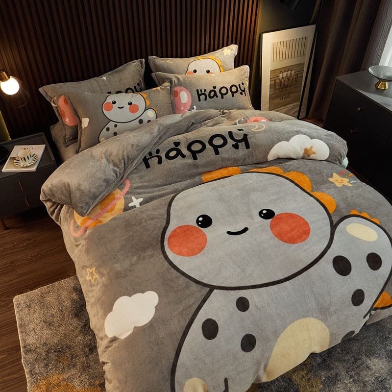 Thick Cartoon Coral Velvet Bed Set