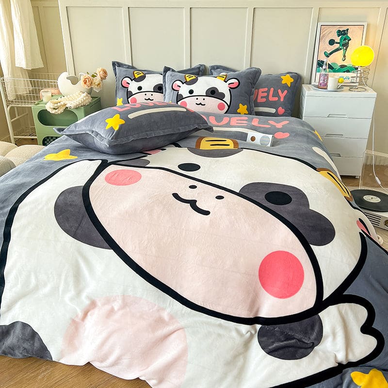 Thick Cartoon Coral Velvet Bed Set
