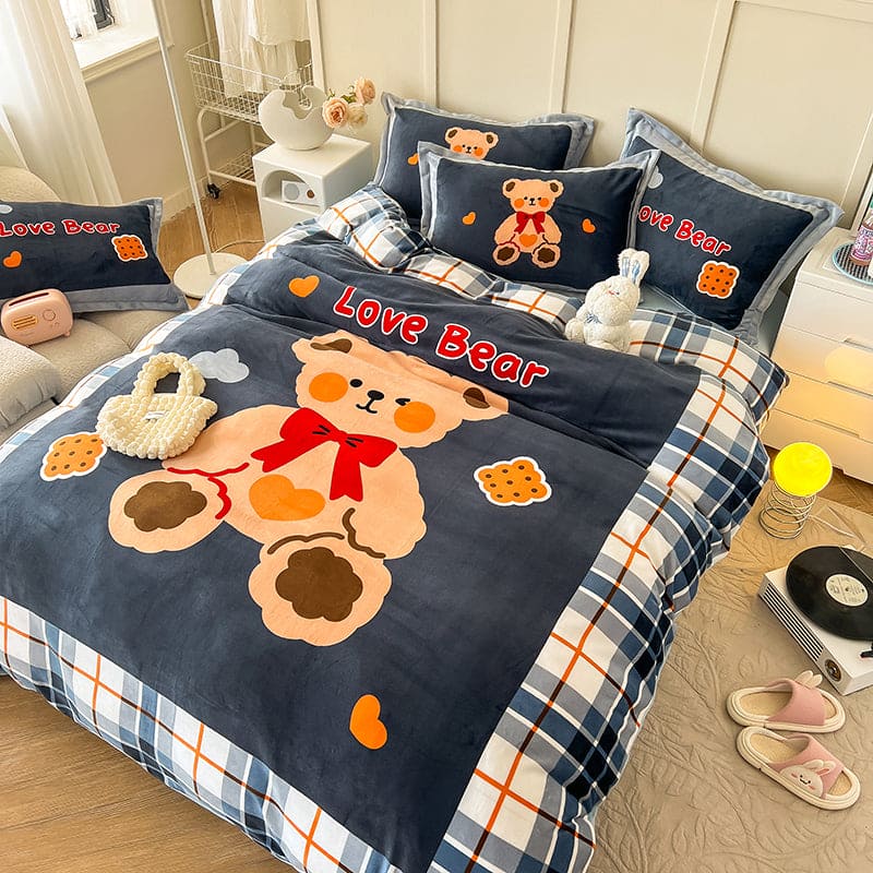 Thick Cartoon Coral Velvet Bed Set