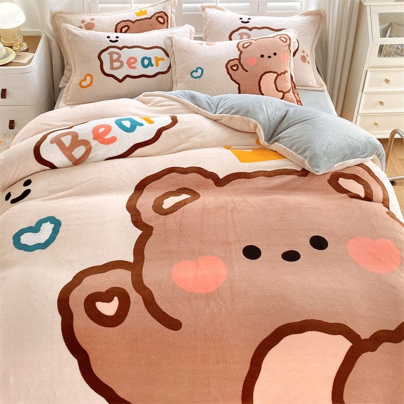 Thick Cartoon Coral Velvet Bed Set