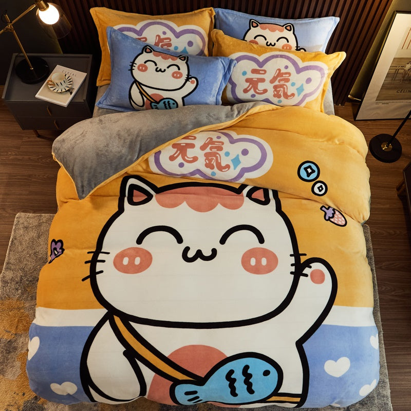 Thick Cartoon Coral Velvet Bed Set 