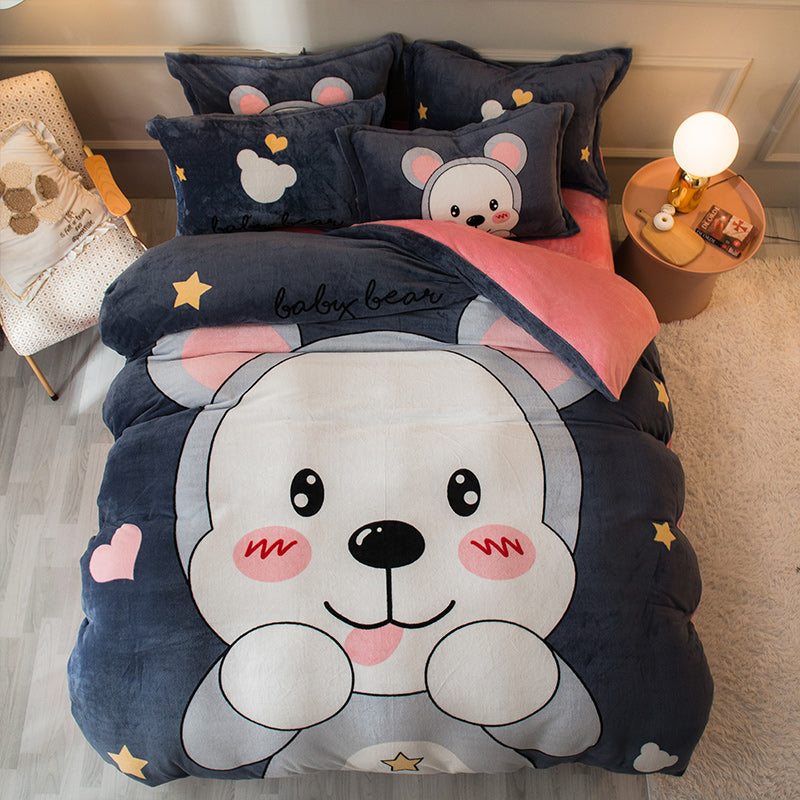 Thick Cartoon Coral Velvet Bed Set 